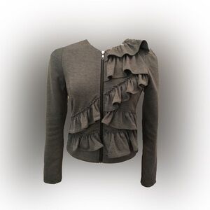 Grey Ruffled Long Sleeve Feminine Fitted Blazer Jacket Size Small